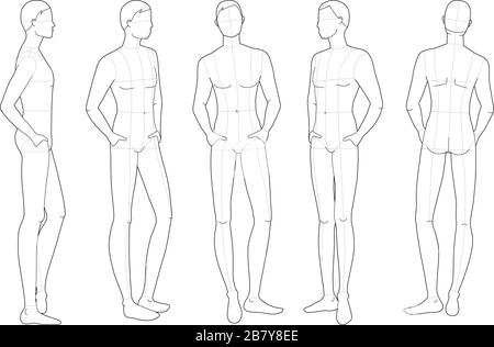 Modèle de mode de repos debout hommes. 9 dimensions de tête pour le dessin technique avec lignes principales. Les messieurs se voient de l'avant, du côté, 3-4 et de l'arrière. Silhouette vectorielle pour l'esquisse et l'illustration de mode. Illustration de Vecteur