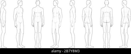 Modèle de mode des hommes debout dans 8 points de vue. 9 dimensions de tête pour le dessin technique avec lignes principales. Les messieurs sont devant, côté, 3-4 et arrière. Vector Boy pour l'esquisse et l'illustration de mode. Illustration de Vecteur