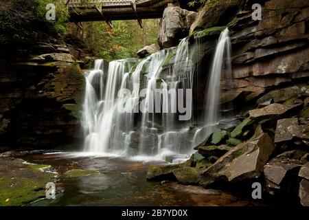 Belles chutes d'Elakala sous une petite passerelle dans le parc national de Blackwater Falls, dans le comté de Tucker, Virginie occidentale Banque D'Images