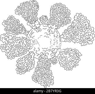 Illustration du dessin en ligne d'une cellule microscopique de coronavirus de cryoélectron, COVID-19 ou 2019-nCoV avec couronnes de pointes faites en noir an de style monoline Illustration de Vecteur