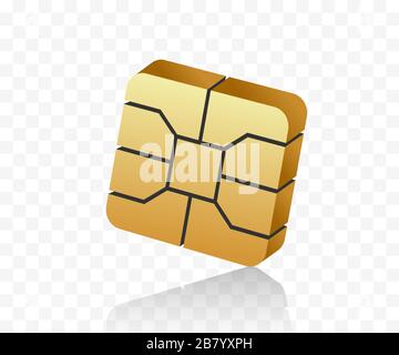 Micropuce EMV de style tridimensionnel. Technologie NFC pour des paiements sans contact sécurisés. Puce de carte SIM Golden. Illustration de Vecteur