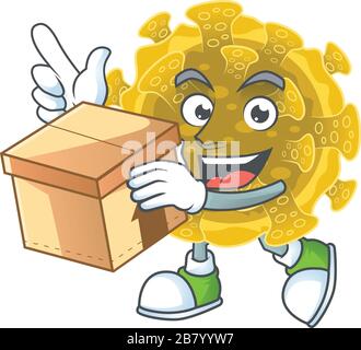 Une icône de style mascotte de coronavirus infectieux avec une boîte Illustration de Vecteur