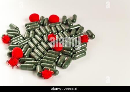 Coronavirus Covid-19. Modèle abstrait de souche virale de MERS-Cov avec comprimés. 2019-nCoV Banque D'Images