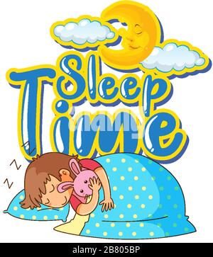 Police de caractères pour le temps de sommeil de mot avec enfant dormant dans l'illustration de lit Illustration de Vecteur