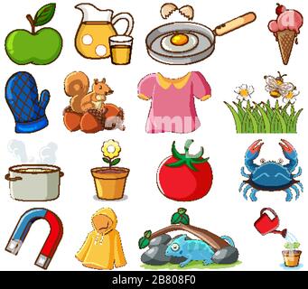 Grand jeu de différents aliments et autres éléments sur fond blanc illustration Illustration de Vecteur