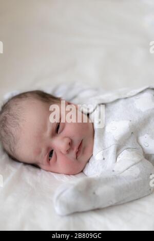 Un nouveau-né repose sur son dos et ouvre ses yeux dans les premières minutes de la vie. Un nouveau-né avec des traces de graisse primordiale fait des yeux. Banque D'Images