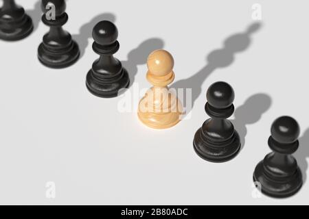 Un pion d'échecs, avec d'autres pions, jette une ombre sur la reine. Le concept de leadership, le désir de force et de victoire. Banque D'Images