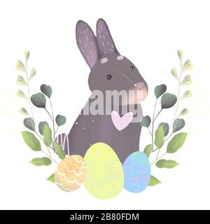 Carte de Pâques avec cadre en forme de lapin, fleurs printanières sur fond géométrique moderne coloré. Illustration. Placer pour votre texte. Banque D'Images
