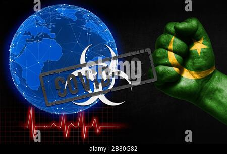 Une nouvelle maladie du coronavirus appelée Covid-19 en Mauritanie, avec un poing masculin montré et un drapeau de pays. Concept de lutte contre la maladie du coronavirus dans les pays A Banque D'Images