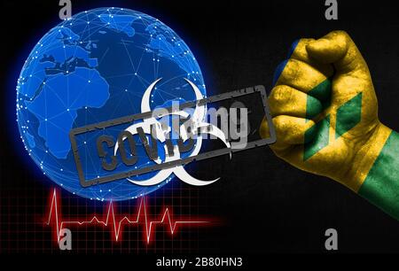 Une nouvelle maladie du coronavirus appelée Covid-19 à Saint-Vincent-et-les Grenadines, avec un poing masculin montré et un drapeau de pays. Contrôle de la maladie du coronavirus Banque D'Images
