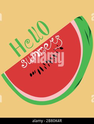 Bonjour l'été. Carte postale lumineuse. Fond jaune et pastèque. Dépliant de conception, publicité. Illustration de Vecteur