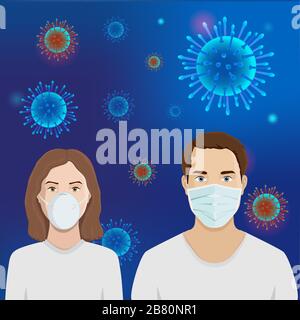 Coronavirus COVID-19, hommes et femmes portant un masque chirurgical médical de protection pour prévenir l'éclosion de virus corona. Illustration de Vecteur