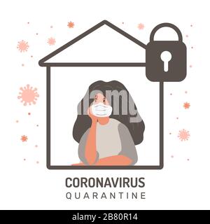 Femme défend contre le coronavirus, illustration du vecteur d'isolation domestique Illustration de Vecteur