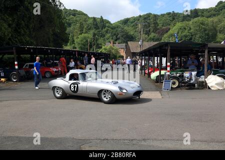 Une Jaguar E-Type Silver dans le paddle de Shelsley Walsh, Worcestershire, Angleterre, Royaume-Uni. Banque D'Images