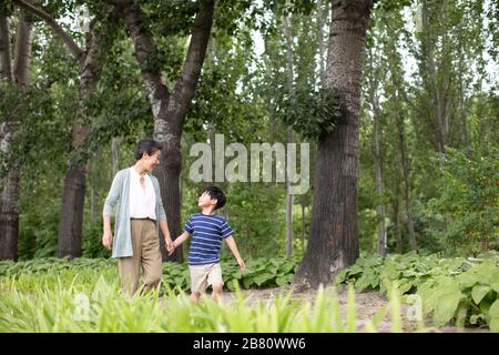 Grand-mère et petit-fils chinois heureux marchant dans le parc Banque D'Images