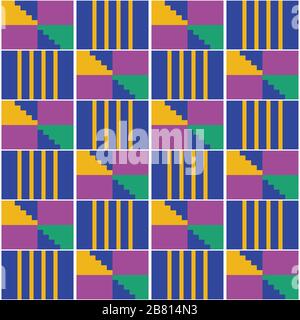 Tissu vectoriel de style toile Kente géométrique africain sans couture, motif de tissus, motif nwentoma tribal en jaune, violet et bleu marine Illustration de Vecteur