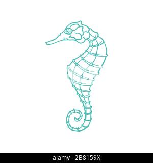 Esquisse vectorielle à base de cheval de mer et animal aquatique à fines lignes avec texture à éclosion de crayon. Oceanairum et faune tropicale de l'aquarium hippocampe, faune marine sous-marine, icône dessinée à la main isolée sur blanc Illustration de Vecteur