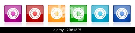 Jeu d'icônes d'obturation photo, appareil photo, illustrations vectorielles carrées brillantes colorées en 6 options pour la conception Web et les applications mobiles Illustration de Vecteur