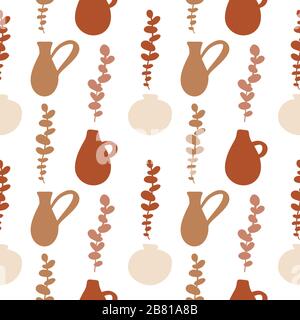 Motif vectoriel abstrait sans couture avec vases anciens et branches. Objets vintage vaisselle fond. Amphores grecques et romaines et bateaux pour le vin Illustration de Vecteur