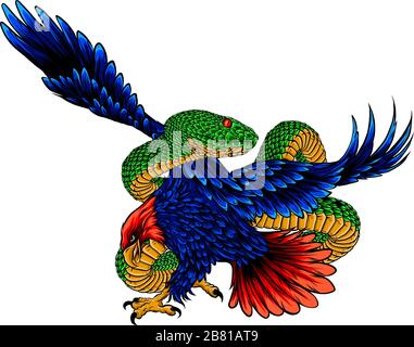 Dessin de l'illustration du style d'un aigle doré américain, d'un aigle mexicain ou d'une caracara à crasse du nord qui applique un crotale, une vipère, un serpent ou Illustration de Vecteur