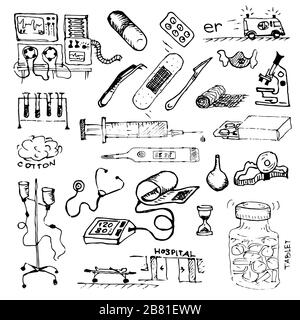 Médecine ou hôpital. Traitement de patients ou prise d'échantillons de tests chez les personnes. Lutte contre le virus. Doodle. Ensemble d'images dessinées à la main. Illustration de Vecteur