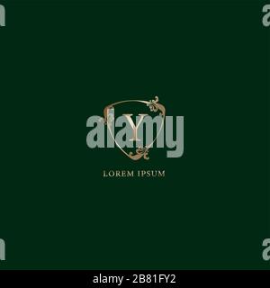 Modèle de logo alphabétique lettre y. Concept de logo d'assurance isolé sur fond vert foncé. Panneau décoratif de luxe à motif fleuri doré Illustration de Vecteur
