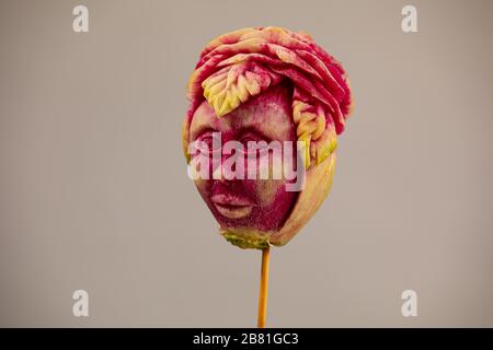 Sculpture de légumes. Face de betterave sur fond gris Banque D'Images