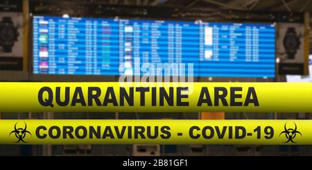 Coronavirus covid19 zone de quarantaine dans le transport.texte sur les bandes d'avertissement jaunes, fond du terminal de l'aéroport. Propagation du virus pandémique et aviation Banque D'Images