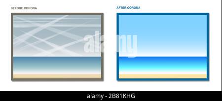 Avant le coronavirus et après le coronavirus. Pollution de l'air causée par les avions - vue sur l'océan avec de nombreux sentiers de condensation dans le ciel. Banque D'Images