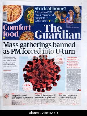 Journal titre coronavirus covid-19 'les rassemblements de cul interdits comme PM forcé en U-tour' page d'accueil Guardian 14 Mars 2020 Londres Angleterre Royaume-Uni Banque D'Images