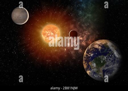 Planètes autour du soleil dans le système solaire dans l'univers coloré de la starry éléments de cette image meublée par la NASA Banque D'Images