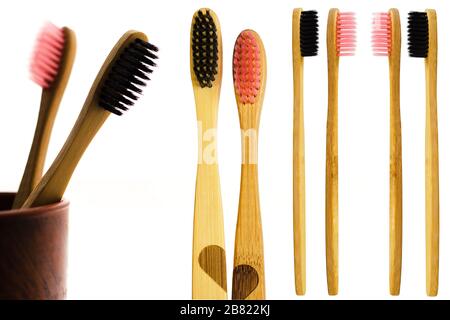 brosses à dents en bambou éco-naturelles sur fond blanc. sans déchets plat Banque D'Images