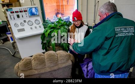 Fair Hill, MD, États-Unis. 18 mars 2020. 18 mars 2020 : la vie se déroule comme au Centre d'entraînement de Fair Hill à Fair Hill, dans le Maryland. Bien qu'aucun spectateur ne soit autorisé dans une installation de course aux États-Unis, ou dans le monde essentiellement, pendant la pandémie de coronavirus, les chevaux doivent encore s'entraîner et faire de l'exercice. Le Fair Hill Trainer Center, dans le comté de Cecil, dans le Maryland, est toujours ouvert aux entreprises et les athlètes de l'équine restent actifs à travers la crise de COVID-19. Scott Serio/Eclipse Sportswire/CSM/Alay Live News Banque D'Images