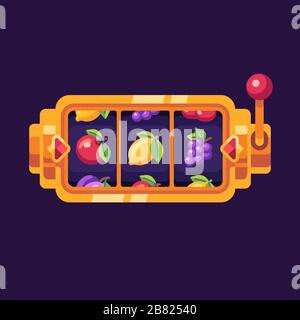 Machine à sous Golden avec symboles fruits sur fond sombre. Illustration plate du Casino Illustration de Vecteur