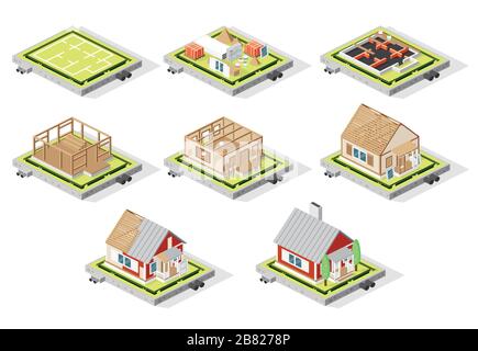 Phases isométriques de construction de maison isolées sur blanc. Illustration vectorielle. Étapes du plan au bâtiment terminé. Illustration de Vecteur