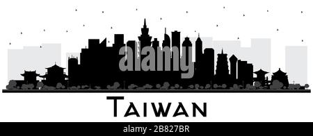 Silhouette de Skyline de Taiwan City avec bâtiments noirs isolés en blanc. Illustration vectorielle. Concept de tourisme avec architecture historique. Taïwan. Illustration de Vecteur