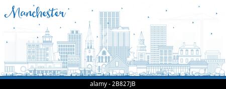 Contours Manchester New Hampshire City Skyline avec Blue Buildings. Illustration vectorielle. Illustration de Vecteur