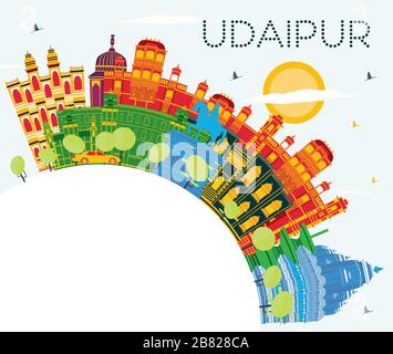 Udaipur Inde Ville avec des bâtiments, de couleur bleu ciel et l'espace de copie. Vector Illustration. Illustration de Vecteur