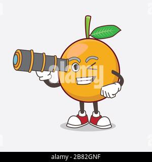 Mascotte de caricature africaine de Mangosteen utilisant un monoculaire Banque D'Images