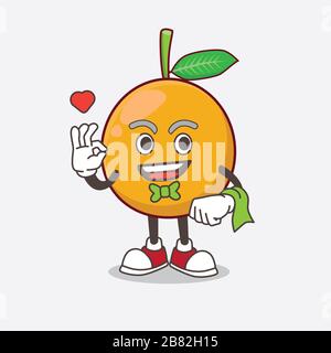 African Mangosteen Caricature mascotte personnage travaillant comme un serveur Banque D'Images