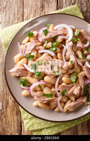 Salade toscane avec thon, oignons et haricots blancs dans une assiette sur la table. Vue verticale du dessus Banque D'Images