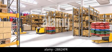 intérieur d'un entrepôt industriel très lumineux avec fenêtres de plafond, étagères pleines de marchandises et moyens pour déplacer les palettes. rendu tridimensionnel. Banque D'Images