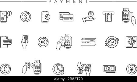 Les icônes de l'ensemble des paiements sont l'une des icônes de ligne modernes définies sur le thème des professions de la Freelance. Illustration de Vecteur