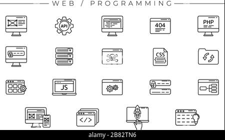 Ensemble d'icônes Web et de programmation est l'un des jeux d'icônes de ligne moderne sur le thème des professions Freelance. Illustration de Vecteur