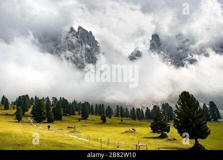 Pics de montagne couverts de nuages, Geislergruppe, Gschnagenhardt Alm, vallée de Villnoess, Dolomites, Tyrol du Sud, Italie Banque D'Images