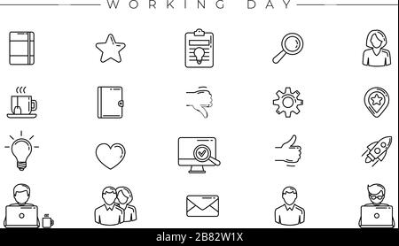 L'ensemble des icônes de la journée de travail est l'un des jeux d'icônes de ligne modernes sur le thème des professions Freelance. Illustration de Vecteur