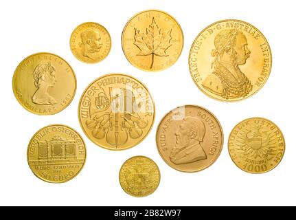 Pièces d'or canadiennes, sud-africaines, autrichiennes, pièce d'or, Elizabeth II, 50 dollars, Maple Leaf, Krugerrand, Orchestre philharmonique de Vienne, Golddukat, Autriche Banque D'Images