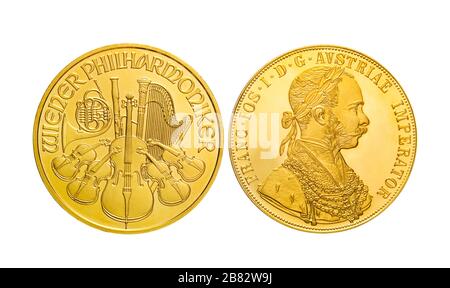 Gold coin, obverse et inverse, Austrian Gold coin, Vienna Philharmonic, Autriche Banque D'Images