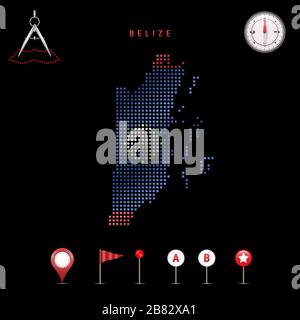Carte pointillée du Belize peinte dans les couleurs du drapeau national du Belize. Effet de drapeau de spéléologie. Outils de carte, ensemble d'icônes cartographiques. Illustrati vectoriel Illustration de Vecteur