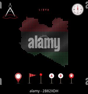 Carte pointillée de la Libye peinte dans les couleurs du drapeau national de la Libye. Effet de drapeau de spéléologie. Outils de carte, ensemble d'icônes cartographiques. Illustration vectorielle Illustration de Vecteur
